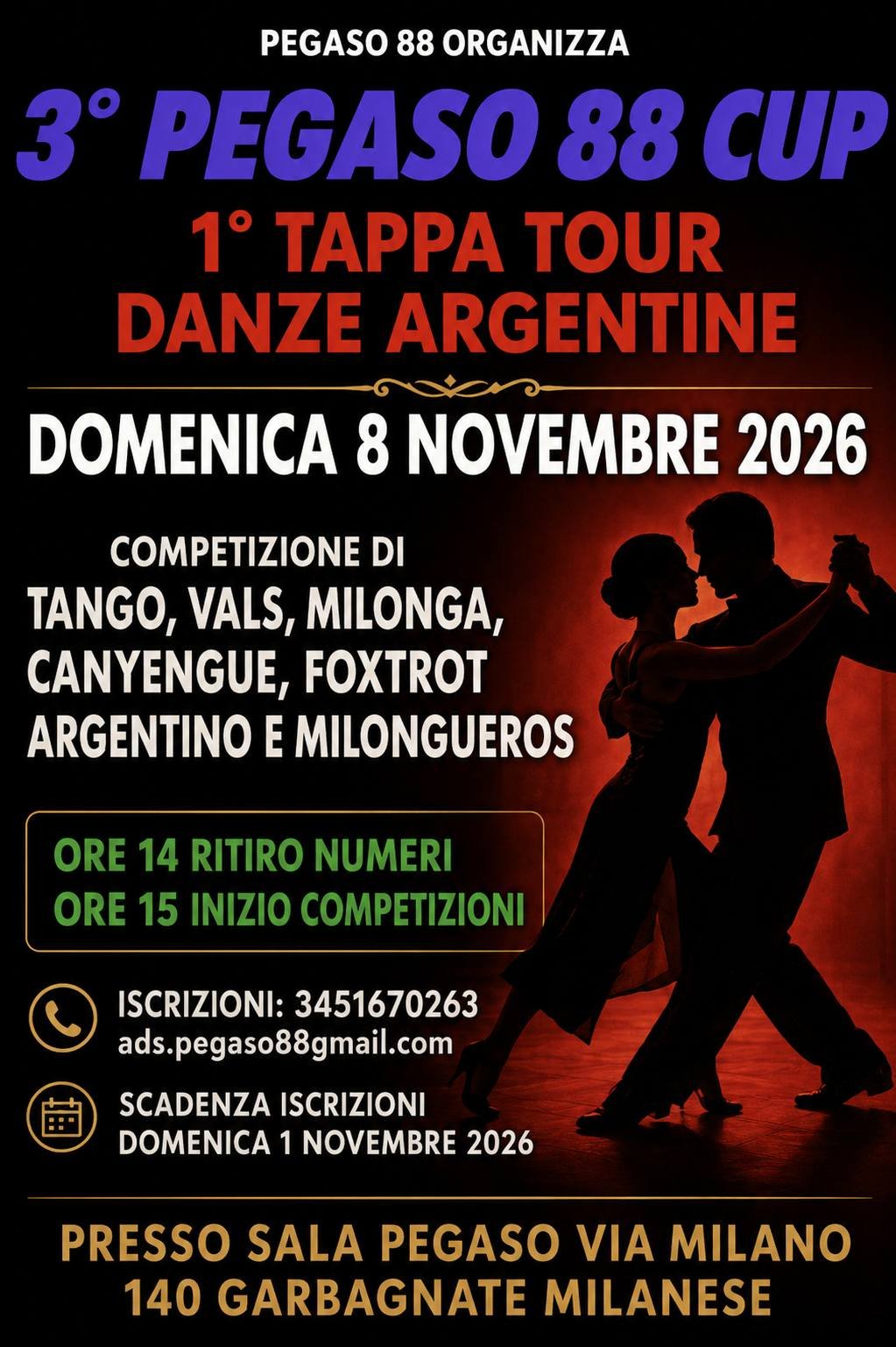 Locandina 3° Pegaso 88 Cup competizione tango argentino a Milano