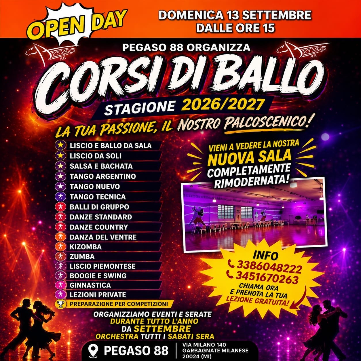 Open day scuola di ballo Milano Pegaso 88 - stagione 2026/2027